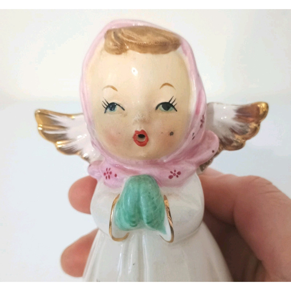 Vintage 1950s Japan Snowflake Angel Figurine Pink Hat Gold Shoes - Picture 5 of 9